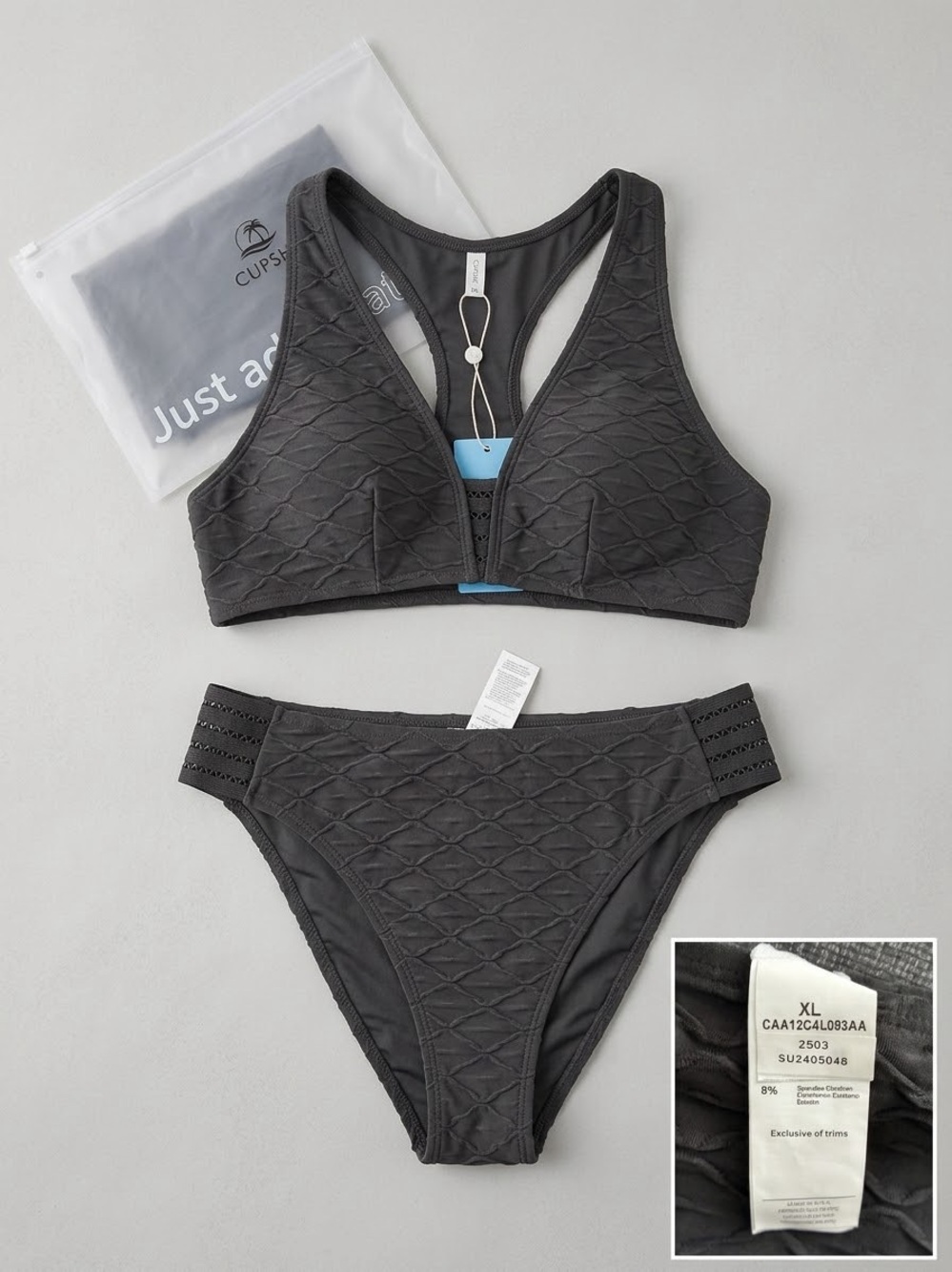 Cupshe Black Quilted Racerback Bralette & Bikini Set